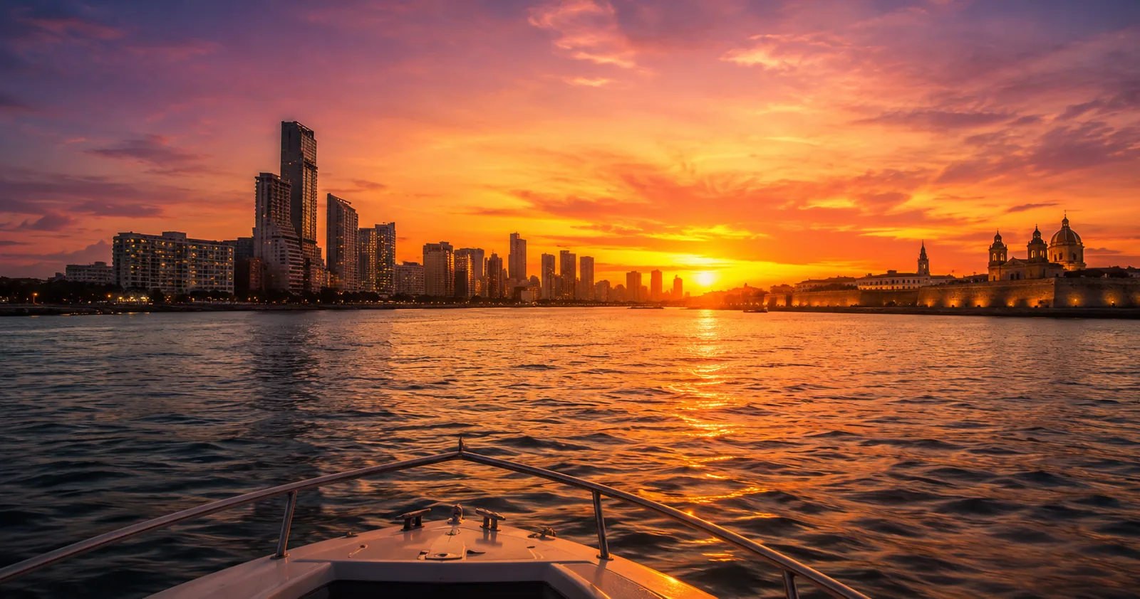 Atardecer sobre la bahía de Cartagena visto desde una lancha, con la ciudad al fondo