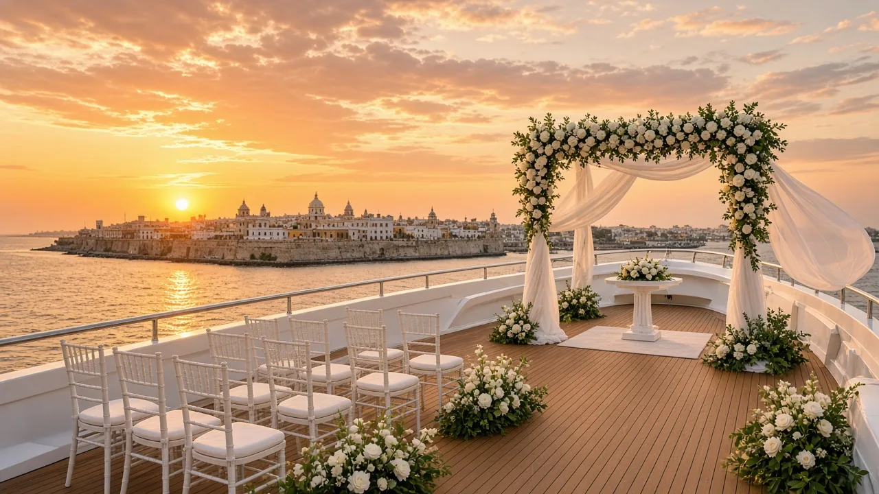Yate decorado para una boda navegando al atardecer frente a Cartagena de Indias