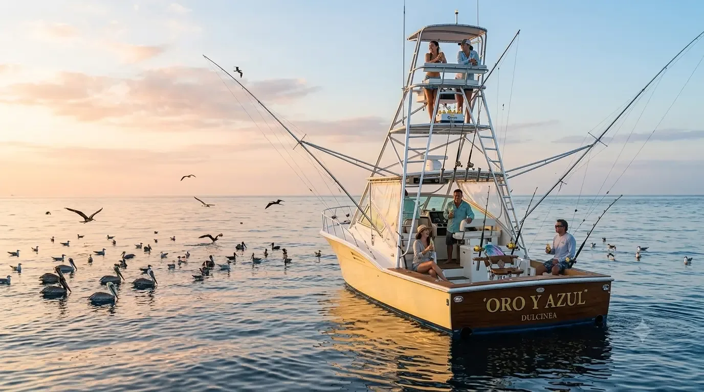 Pesca deportiva en Cartagena: lancha con cañas al atardecer en el Caribe