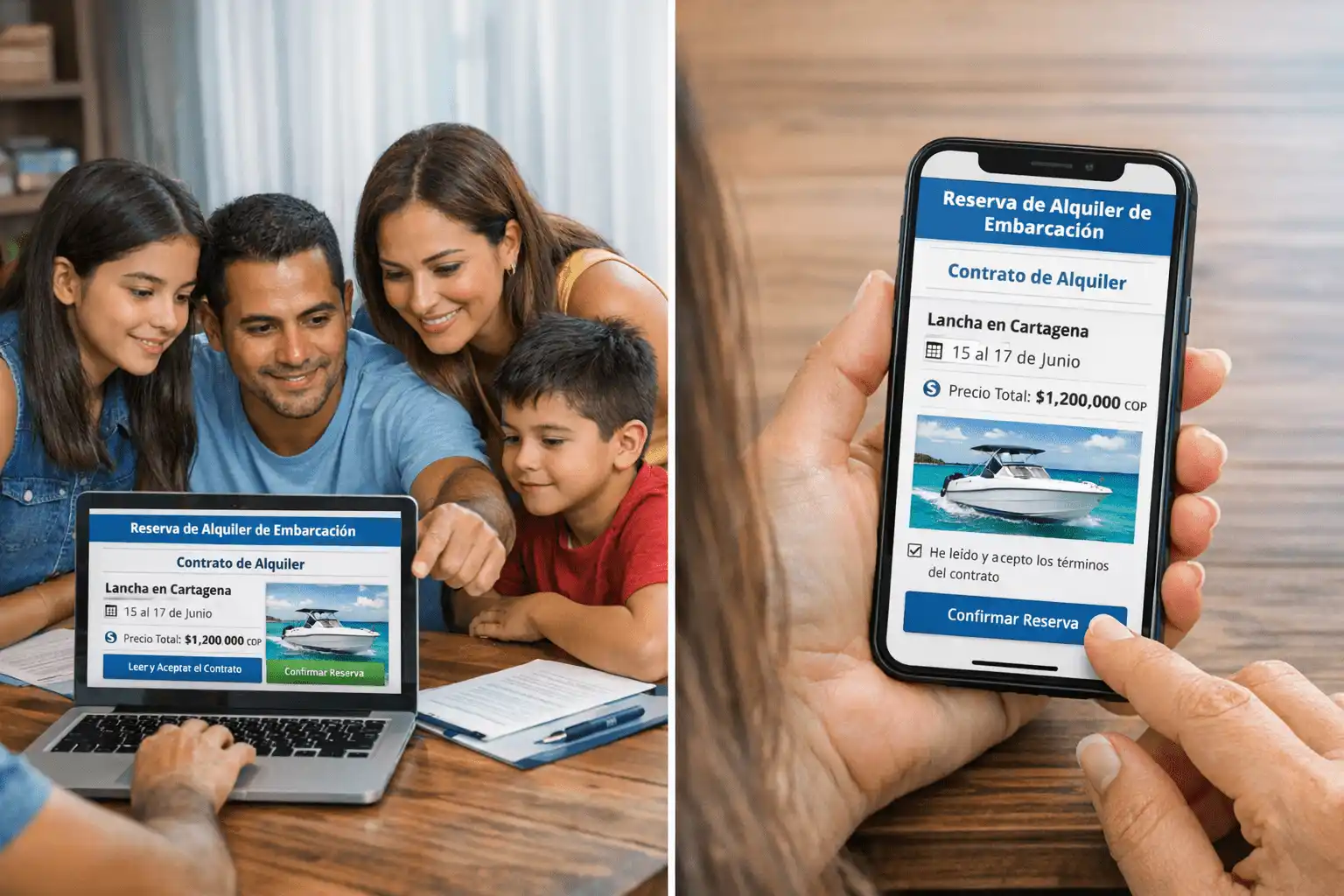 Familia revisando contrato y reserva antes de alquilar una embarcación en Colombia