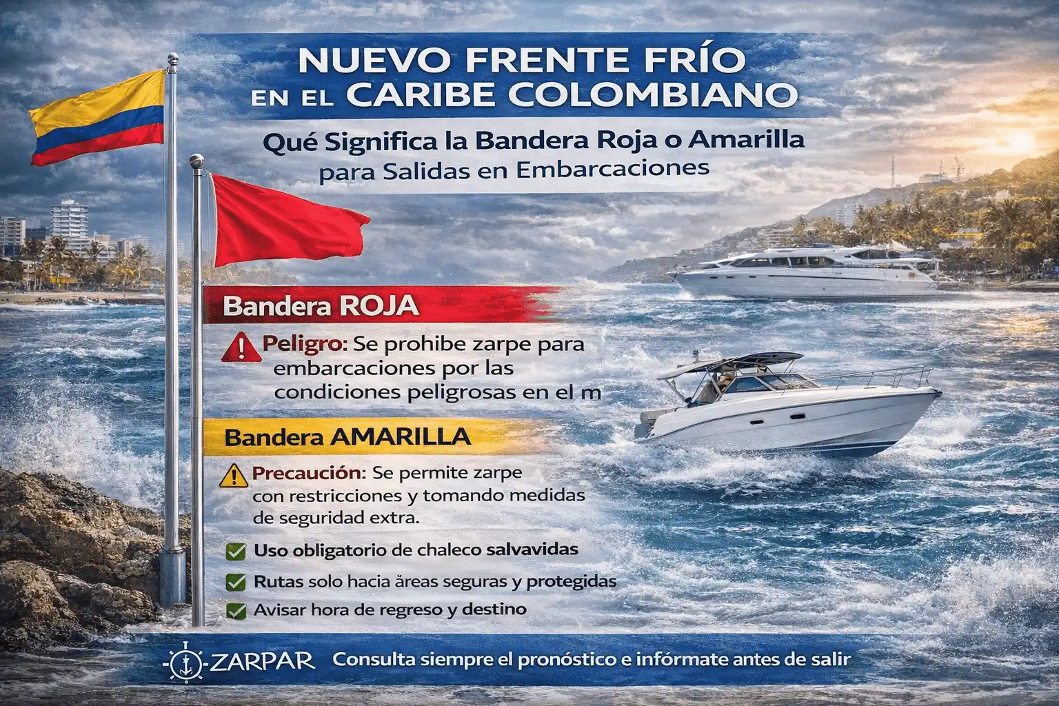 Bandera roja en playa del Caribe colombiano por frente frío y oleaje
