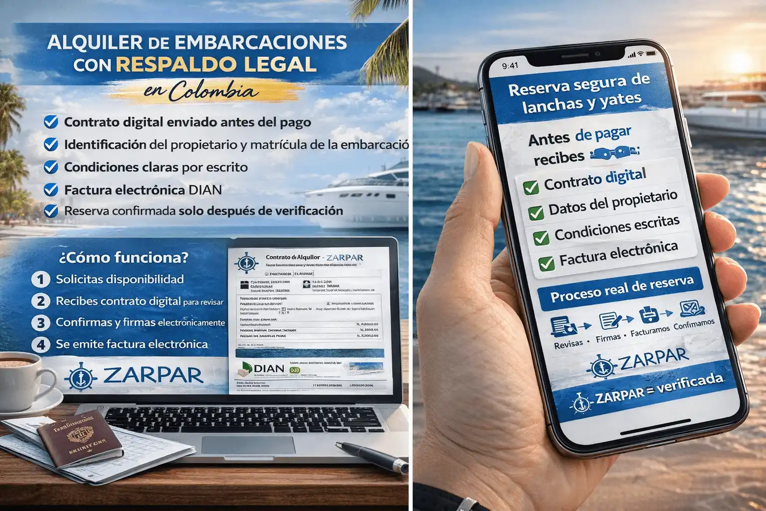 Contrato y condiciones por escrito para alquiler de embarcación en Colombia